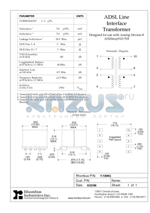 T-1308G datasheet - ADSL Line Interface Transformer