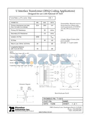 T-13212 datasheet - U Interface Transformer (2B1Q Coding Applications)