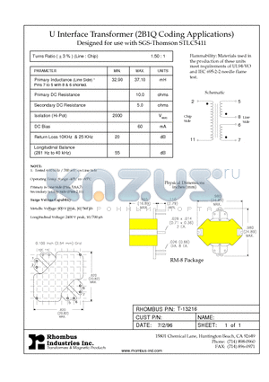 T-13216 datasheet - U Interface Transformer (2B1Q Coding Applications)