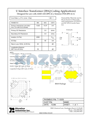 T-13229 datasheet - U Interface Transformer (2B1Q Coding Applications)