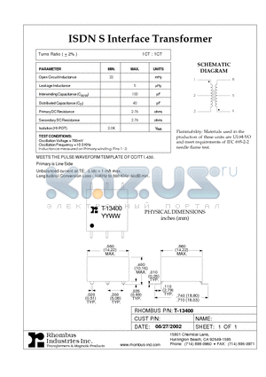 T-13400 datasheet - ISDN S Interface Transformer