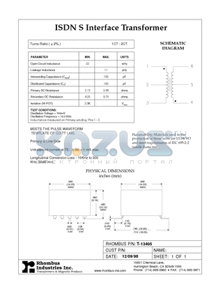 T-13405 datasheet - ISDN S Interface Transformer
