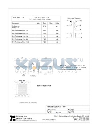 T-1397 datasheet - Inductance 6.15 mH
