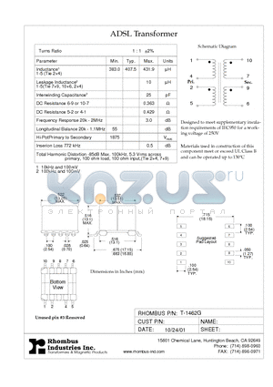 T-1462G datasheet - ADSL Transformer
