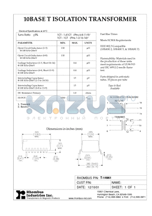 T-14961 datasheet - 10BASE T ISOLATION TRANSFORMER