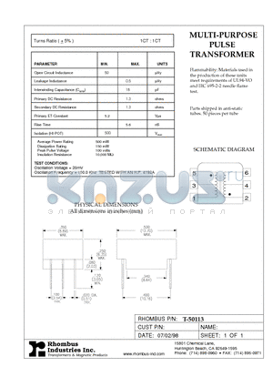 T-50113 datasheet - MULTI-PURPOSE PULSE TRANSFORMER