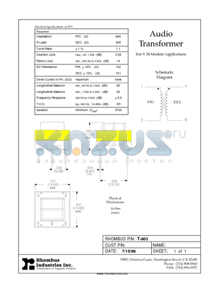 T-803 datasheet - Audio Transformer