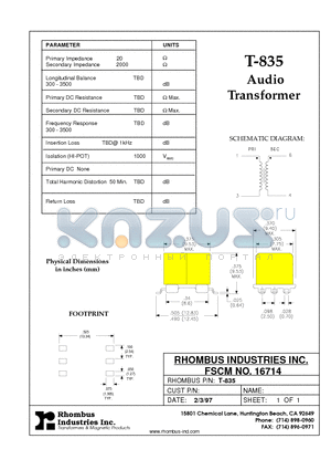T-835 datasheet - Audio Transformer