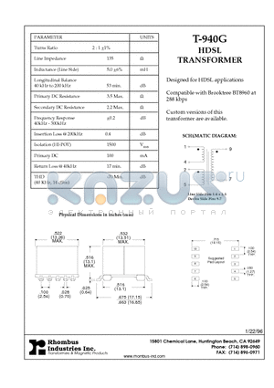 T-940G datasheet - HDSL TRANSFORMER