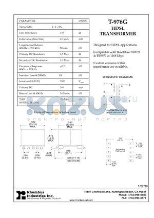 T-976G datasheet - HDSL TRANSFORMER