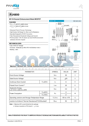 PJ4800 datasheet - 30V N-Channel Enhancement Mode MOSFET