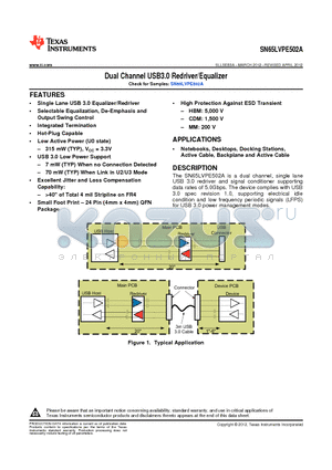 SN65LVPE502A datasheet - Dual Channel USB3.0 Redriver/Equalizer