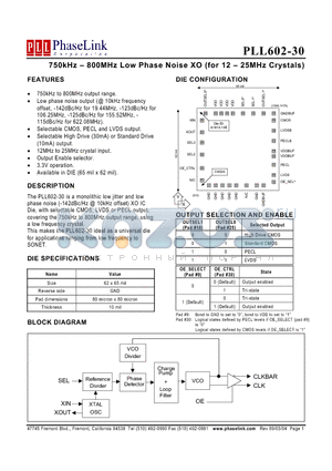 PLL602-30DI datasheet - 750kHz - 800MHz Low Phase Noise XO (for 12 - 25MHz Crystals)