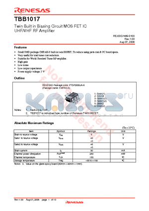 TBB1017 datasheet - Twin Built in Biasing Circuit MOS FET IC UHF/VHF RF Amplifier