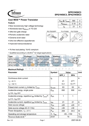 SPI21N50C3 datasheet - New revolutionary high voltage technology Worldwide best RDS(on) in TO 220 Ultra low gate charge