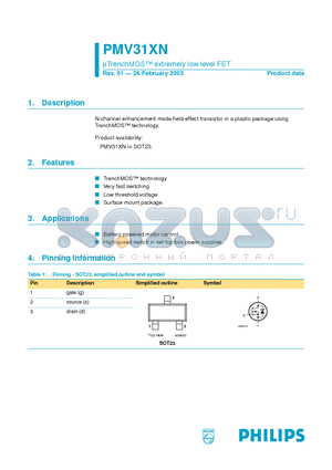 PMV31XN datasheet - UTrenchMOS extremely low level FET