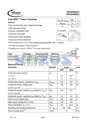 SPP03N60C3_07 datasheet - COOL MOS POWER TRANSISTOR