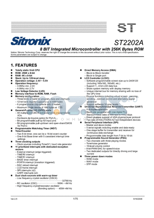 ST2202A datasheet - 8 BIT Integrated Microcontroller with 256K Bytes ROM