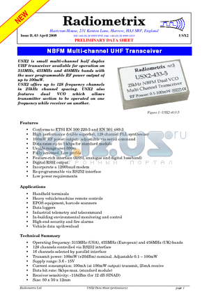 USX2-433-5 datasheet - NBFM Multi-channel UHF Transceiver