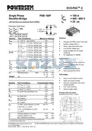 PSB100F-06 datasheet - Single Phase Rectifier Bridge