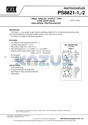 PS8821-1 datasheet - 1 Mbps ANALOG OUTPUT TYPE 8-PIN SSOP (SO-8) HIGH-SPEED PHOTOCOUPLER