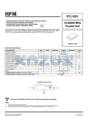 XTL1021 datasheet - High Performance Crystal for Wireless Communications Devices