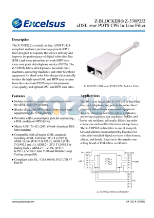 Z-330P2J2 datasheet - Z-BLOCKER^ Z-330P2J2 xDSL over POTS CPE In-Line Filter