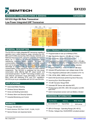 SX1233 datasheet - High Bit Rate Transceiver Low Power Integrated UHF Transceiver