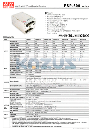 PSP-600 datasheet - 600W with PFC and Parallel Function