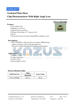 PT12-21B-TR8 datasheet - Chip Phototransistor With Right Angle Lens