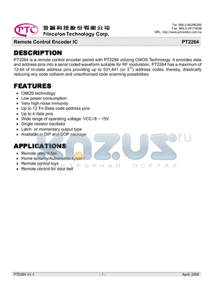 PT2264 datasheet - Remote Control Encoder IC