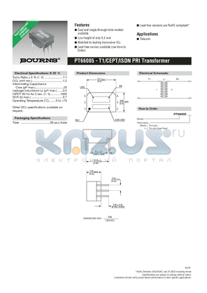 PT66005 datasheet - T1/CEPT/ISDN PRI Transformer