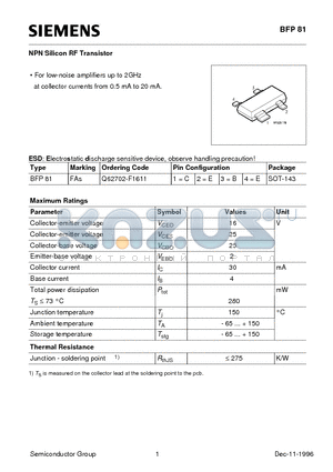 Q62702-F1611 datasheet - NPN Silicon RF Transistor (For low-noise amplifiers up to 2GHz at collector currents from 0.5 mA to 20 mA.)