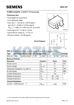 Q62702-G0067 datasheet - Si-MMIC-Amplifier in SIEGET 25-Technologie (Cascadable 50 W-gain block Unconditionally stable)