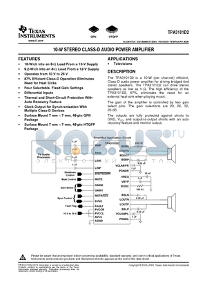 TPA3101D2RGZR datasheet - 10-W STEREO CLASS-D AUDIO POWER AMPLIFIER
