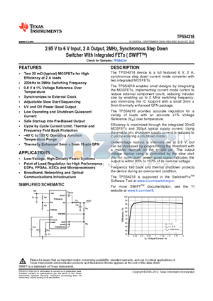 TPS54218 datasheet - 2.95 V to 6 V Input, 2 A Output, 2MHz, Synchronous Step Down
