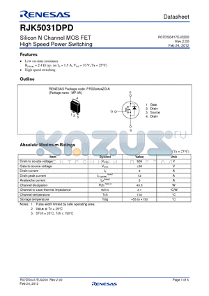 RJK5031DPD datasheet - Silicon N Channel MOS FET High Speed Power Switching