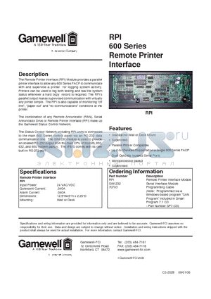 RPI datasheet - Remote Printer Interface Module