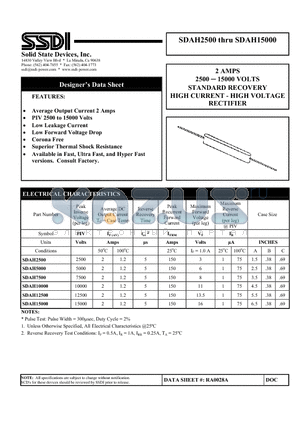 SDAH12500 datasheet - 2 AMPS 2500  15000 VOLTS STANDARD RECOVERY HIGH CURRENT - HIGH VOLTAGE RECTIFIER