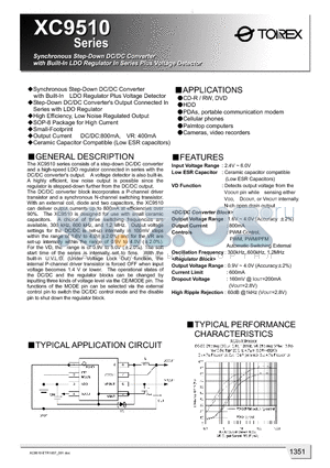 XC9510 datasheet - Synchronous Step-Down DC/DC Converter With Built-In LDO Regulator Plus Voltage Detector