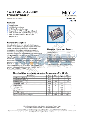 XE1001-BD datasheet - 2.0-19.0 GHz GaAs MMIC Frequency Divider
