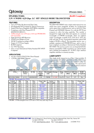 SPS-8380-CXX0G datasheet - 3.3V / CWDM / 4.25 Gbps LC SFP SINGLE-MODE TRANSCEIVER