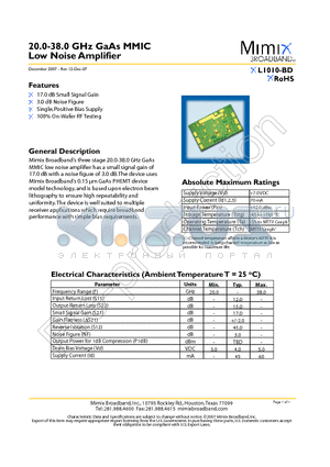 XL1010-BD datasheet - 20.0-38.0 GHz GaAs MMIC Low Noise Amplifier