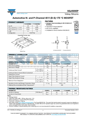 SQJ500EP-T1-GE3 datasheet - Automotive N- and P-Channel 40 V (D-S) 175 Celsius MOSFET