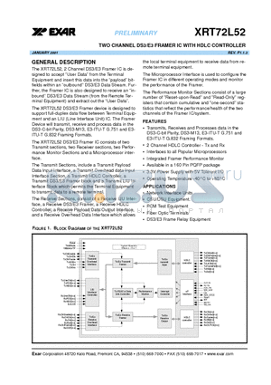 XRT72L52 datasheet - TWO CHANNEL DS3/E3 FRAMER IC WITH HDLC CONTROLLER