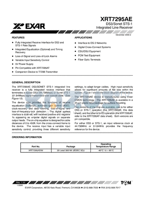 XRT7295AE datasheet - DS3/Sonet STS-1 Integrated Line Receiver