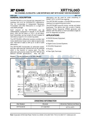 XRT75L06DIB datasheet - SIX CHANNEL E3/DS3/STS-1 LINE INTERFACE UNIT WITH SONET DESYNCHRONIZER