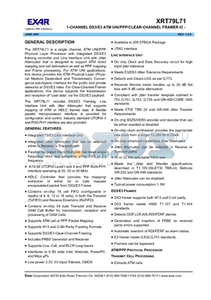 XRT79L71IB datasheet - 1-CHANNEL DS3/E3 ATM UNI/PPP/CLEAR-CHANNEL FRAMER IC -