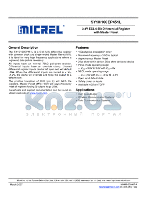 SY10EP451L datasheet - 3.3V ECL 6-Bit Differential Register with Master Reset