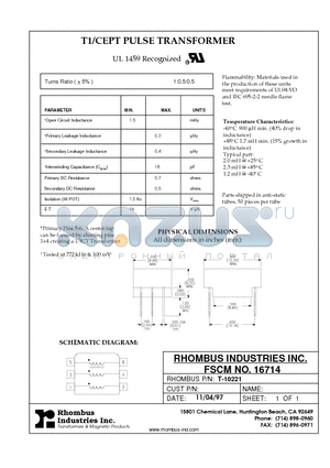 T-10221 datasheet - T1/CEPT PULSE TRANSFORMER
